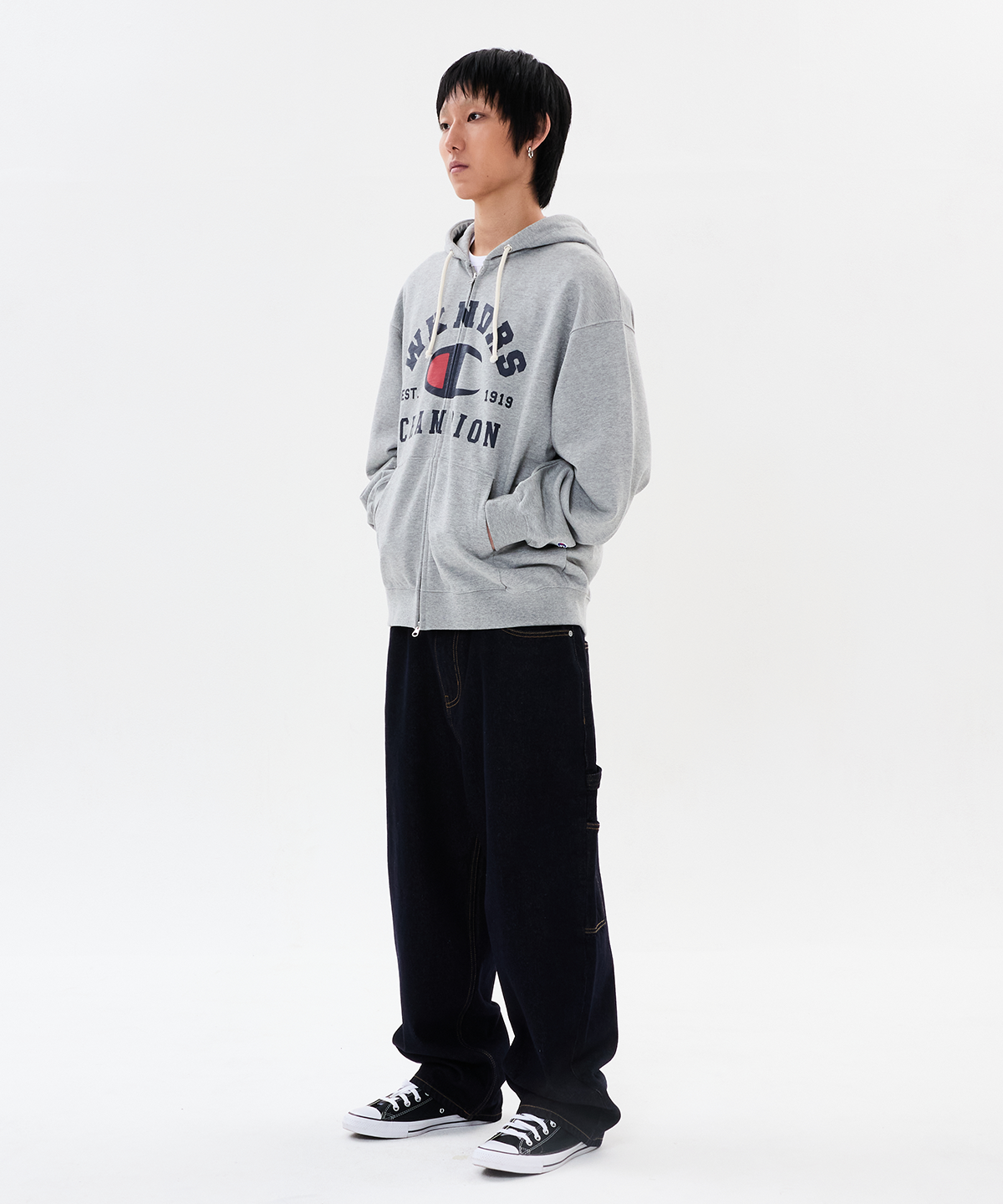 위캔더스(WKNDRS) WKNDRS x CHAMPION LOGO ZIP-UP HOODIE (M.GREY)
