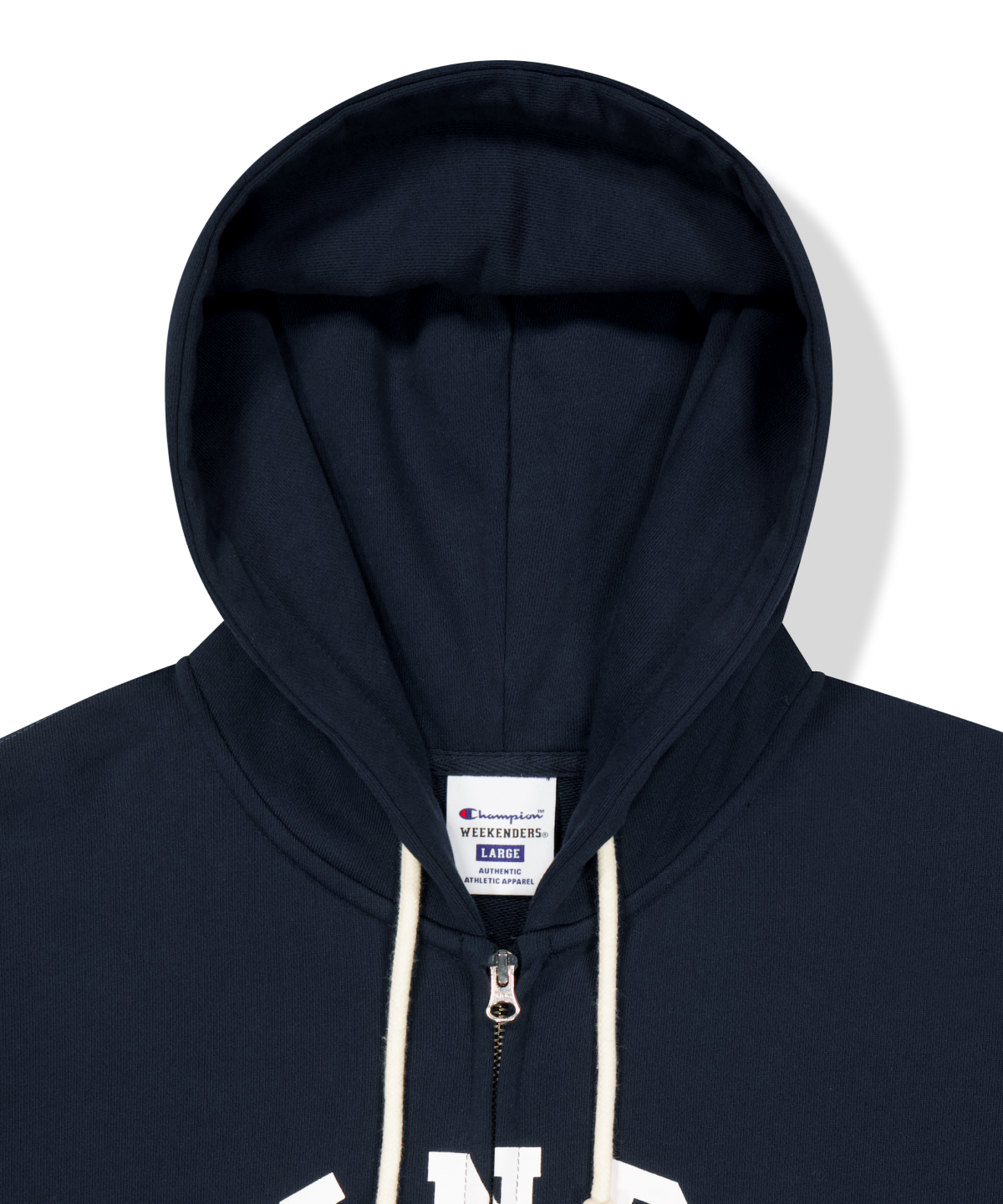위캔더스(WKNDRS) WKNDRS x CHAMPION LOGO ZIP-UP HOODIE (NAVY)