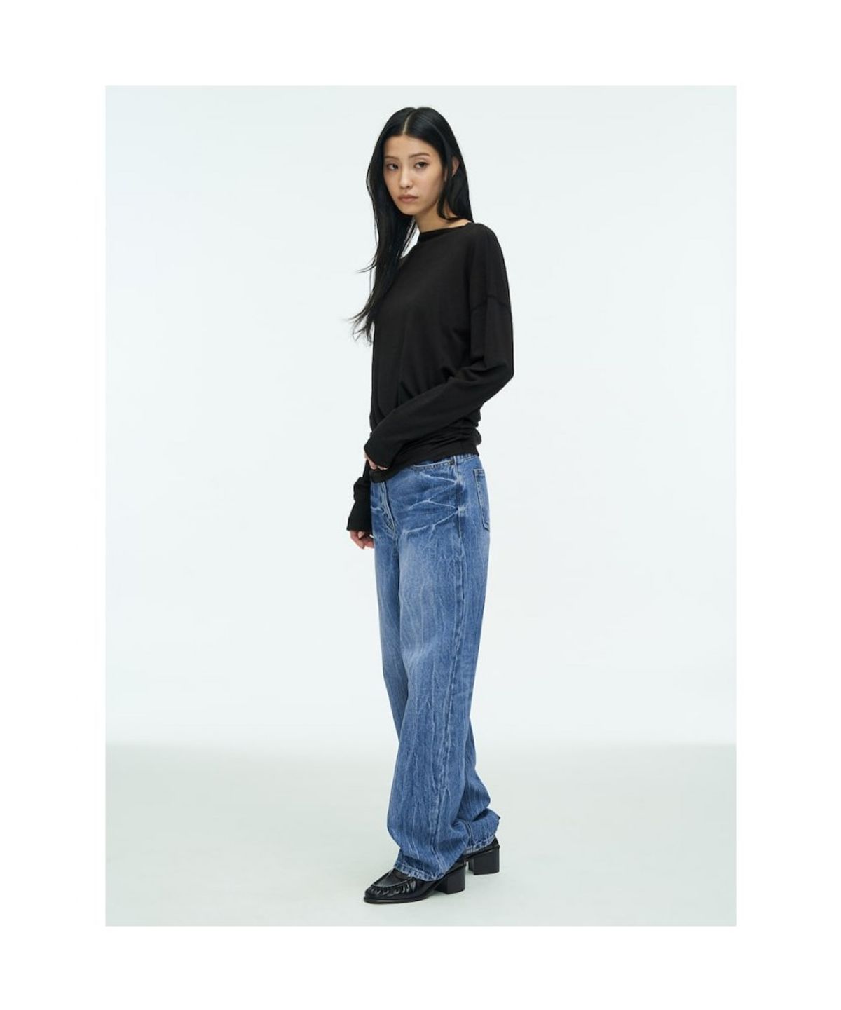 앙개(ANGGAE) Asymmetrical Drape  TShirt  Black
