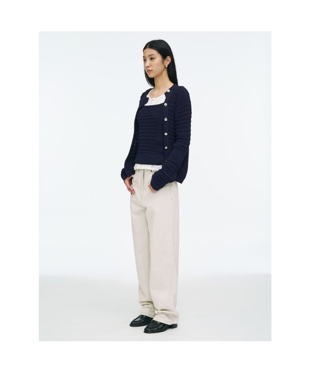 앙개(ANGGAE) Waffle Cardigan  Navy
