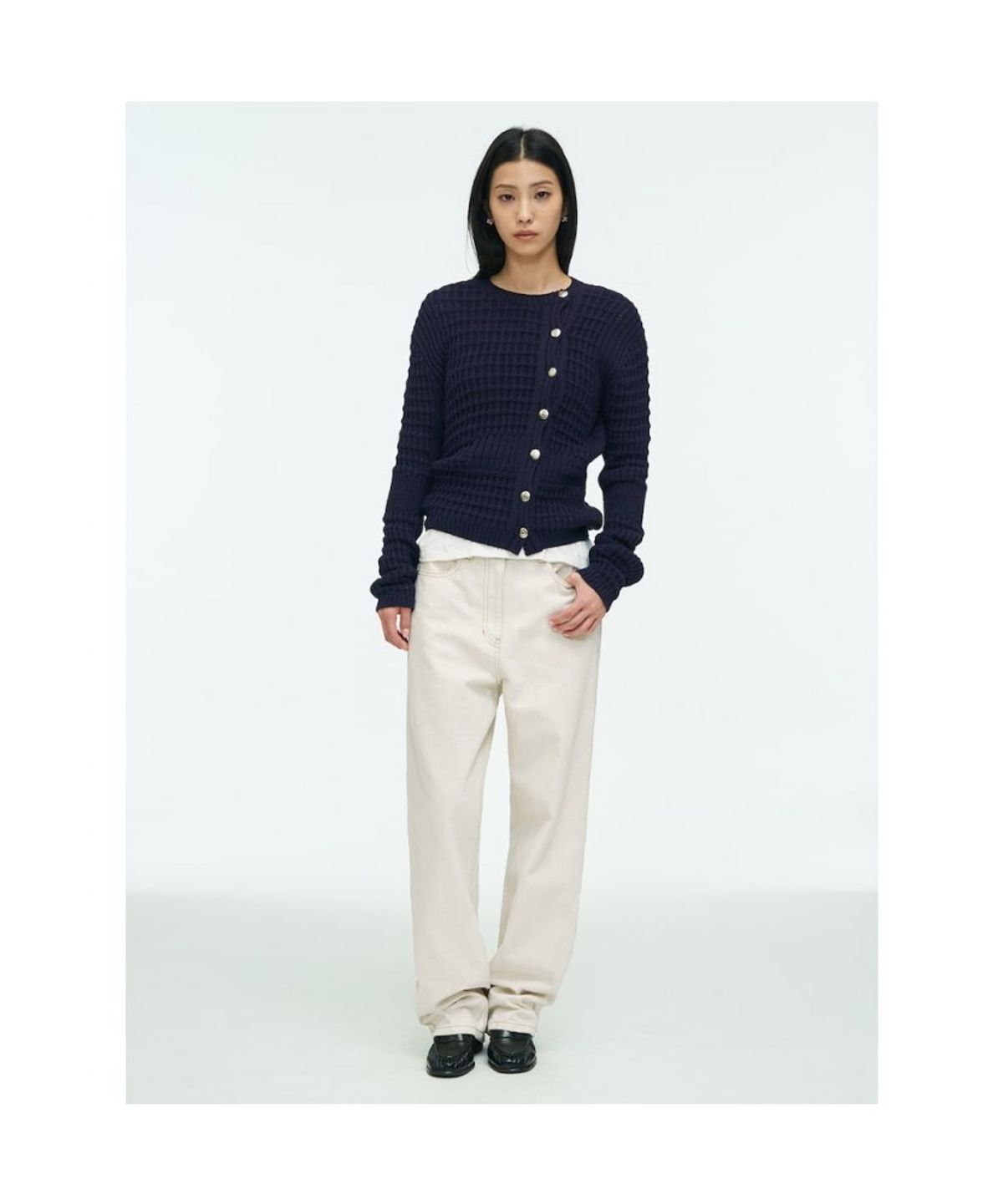 앙개(ANGGAE) Waffle Cardigan  Navy