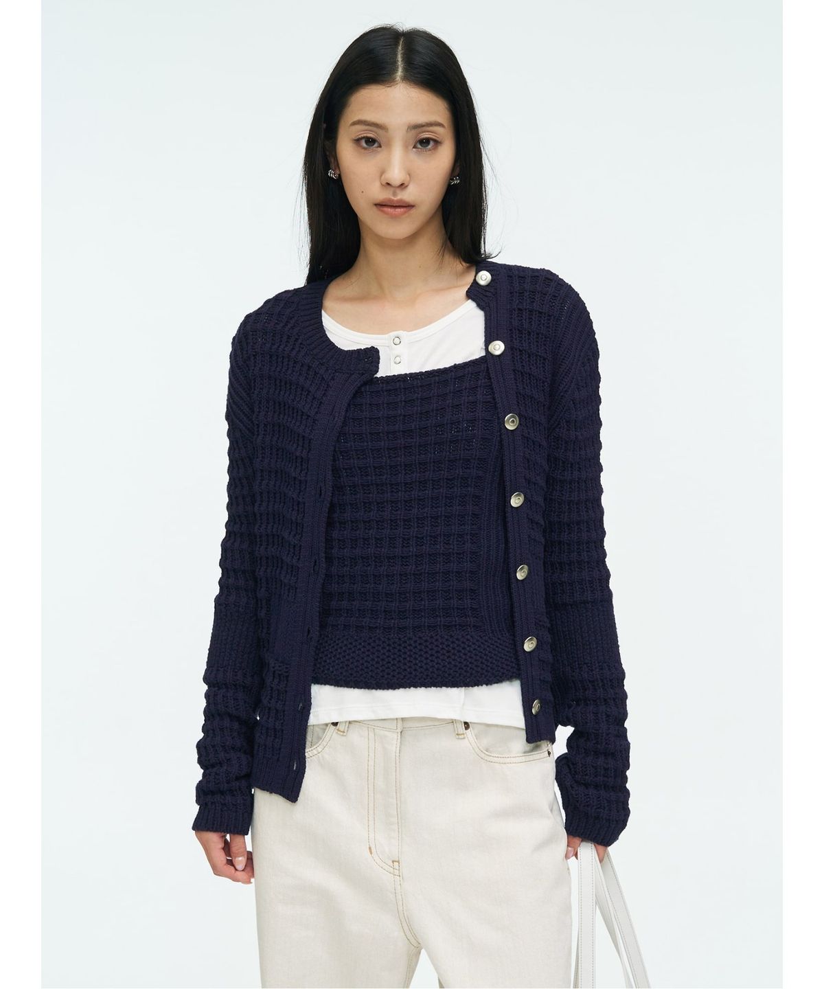 앙개(ANGGAE) Waffle Cardigan  Navy