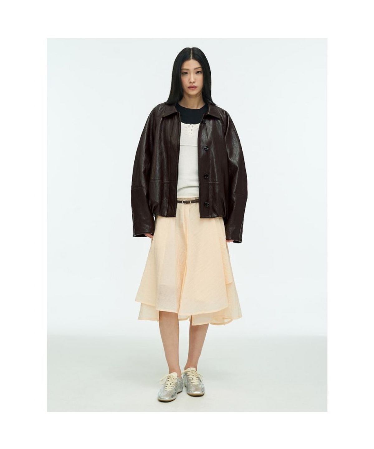 앙개(ANGGAE) Faux Leather Blouson Jacket  Brown