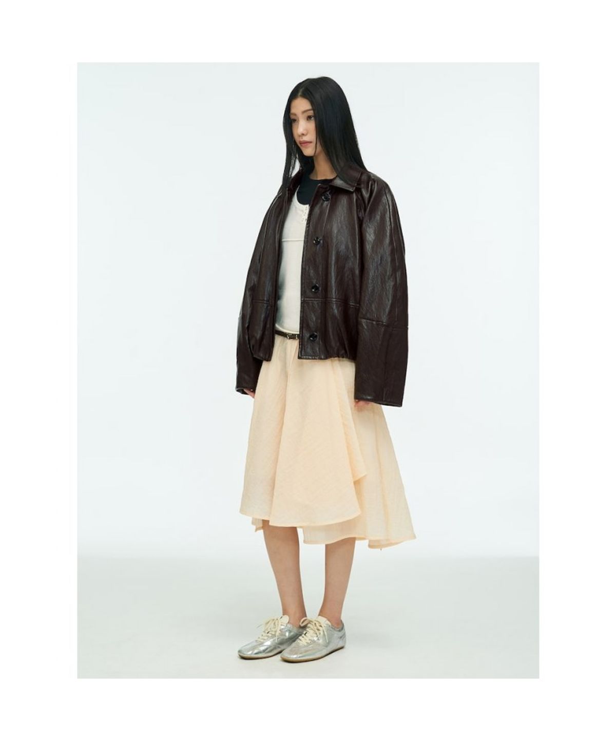 앙개(ANGGAE) Faux Leather Blouson Jacket  Brown
