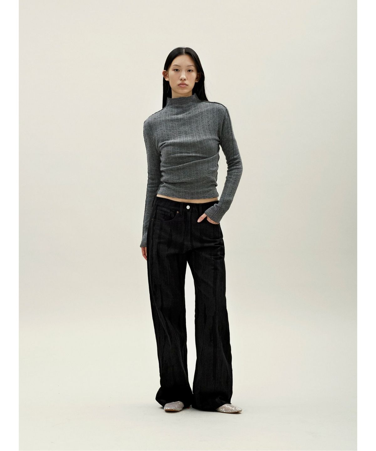 앙개(ANGGAE) Jacquard Wide Pants  Black