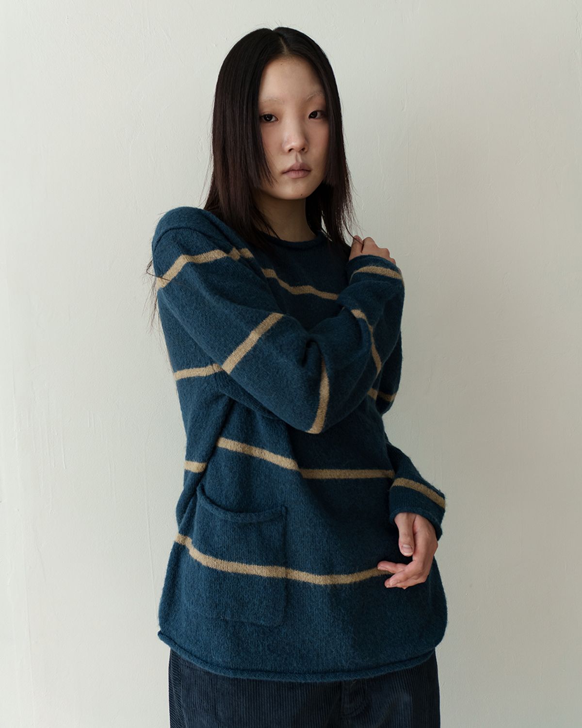 카락터(KARACTOR) Roll-up stripe pocket knit / Deep teal