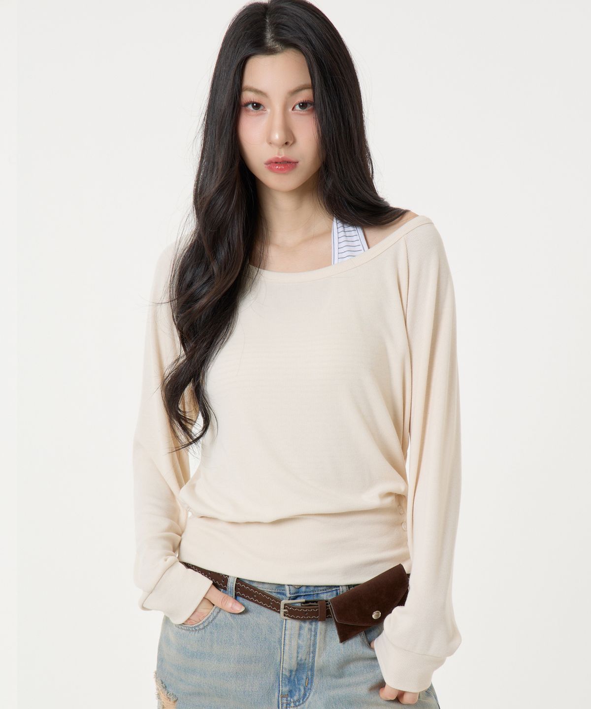 언노운 플라넷(UNKNOWN PLANET) [SET]레이어드 스트라이프 홀터 탑 롱슬리브 티셔츠 베이지