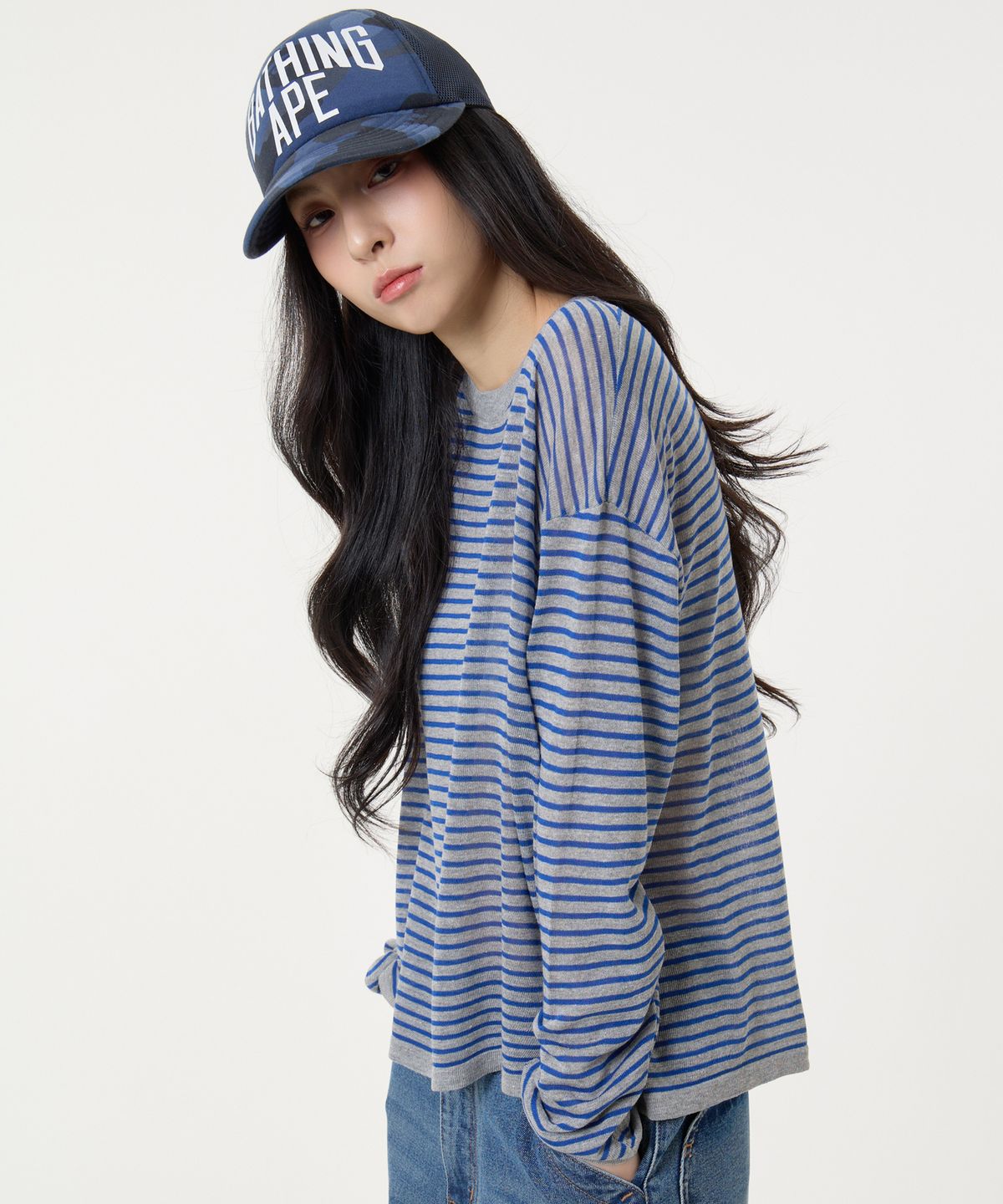 언노운 플라넷(UNKNOWN PLANET) 스트라이프 롱슬리브 니트 블루