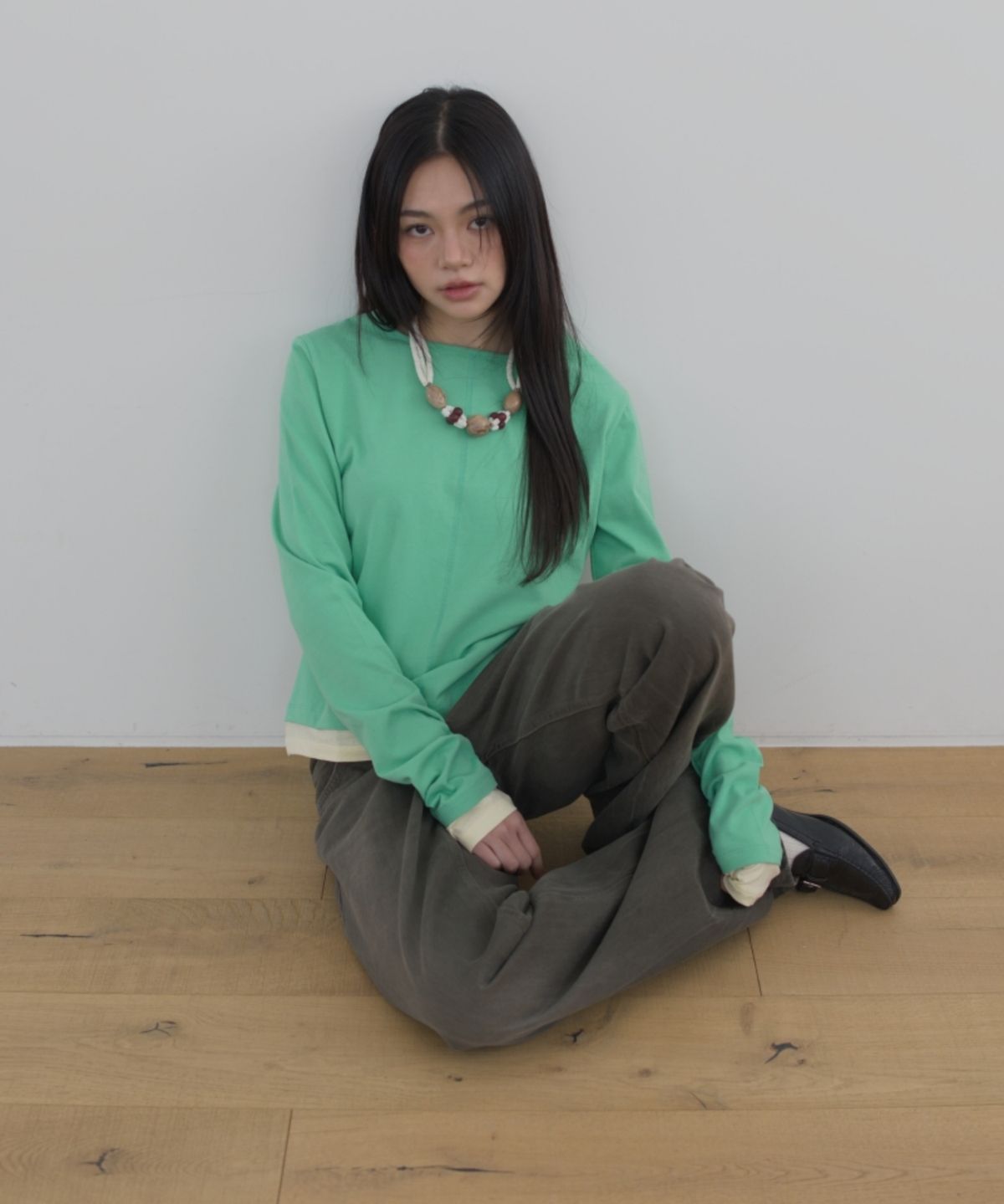 씨씨(SEASEE) 레이어드 롱슬리브 티셔츠, 그린