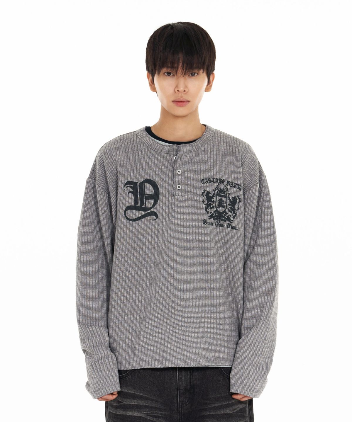 아이돈워너셀(IDWS) Shape Henley Neck Long Sleeve Gray