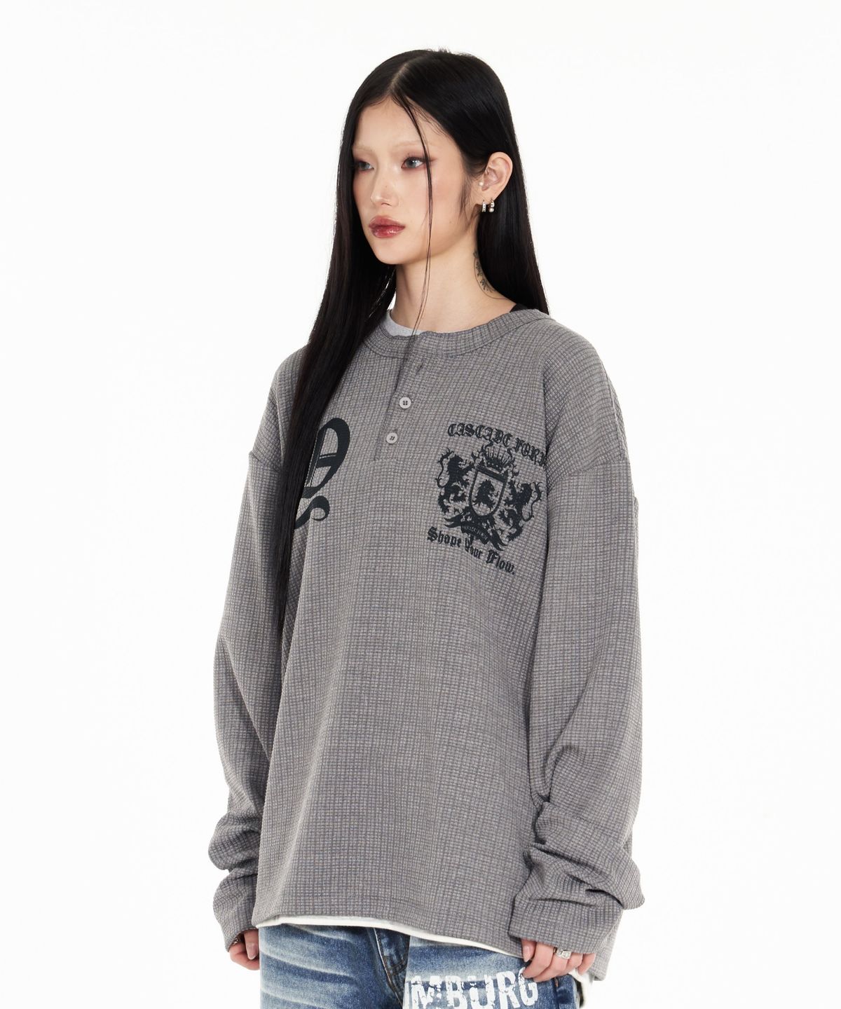아이돈워너셀(IDWS) Shape Henley Neck Long Sleeve Gray