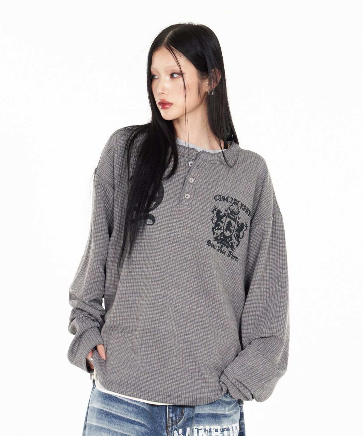 아이돈워너셀(IDWS) Shape Henley Neck Long Sleeve Gray