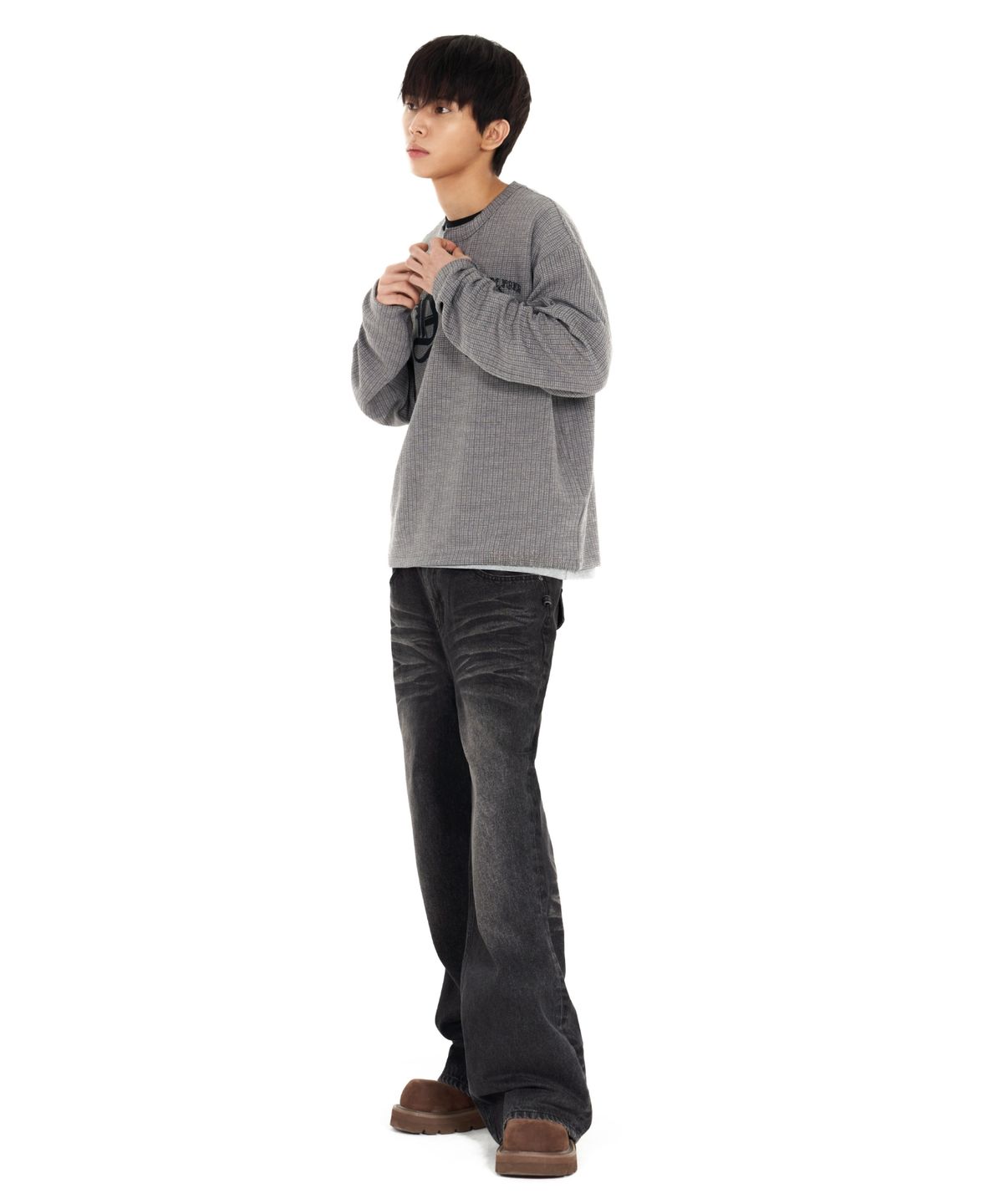 아이돈워너셀(IDWS) Shape Henley Neck Long Sleeve Gray