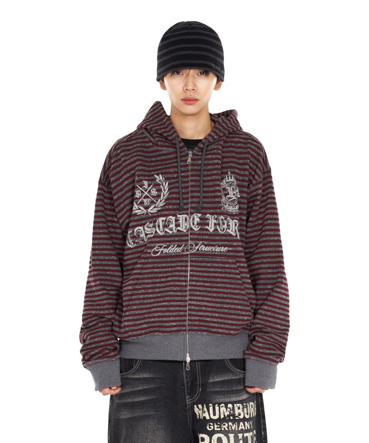 아이돈워너셀(IDWS) Proto Stripe Hoodie Zip Up Burgundy
