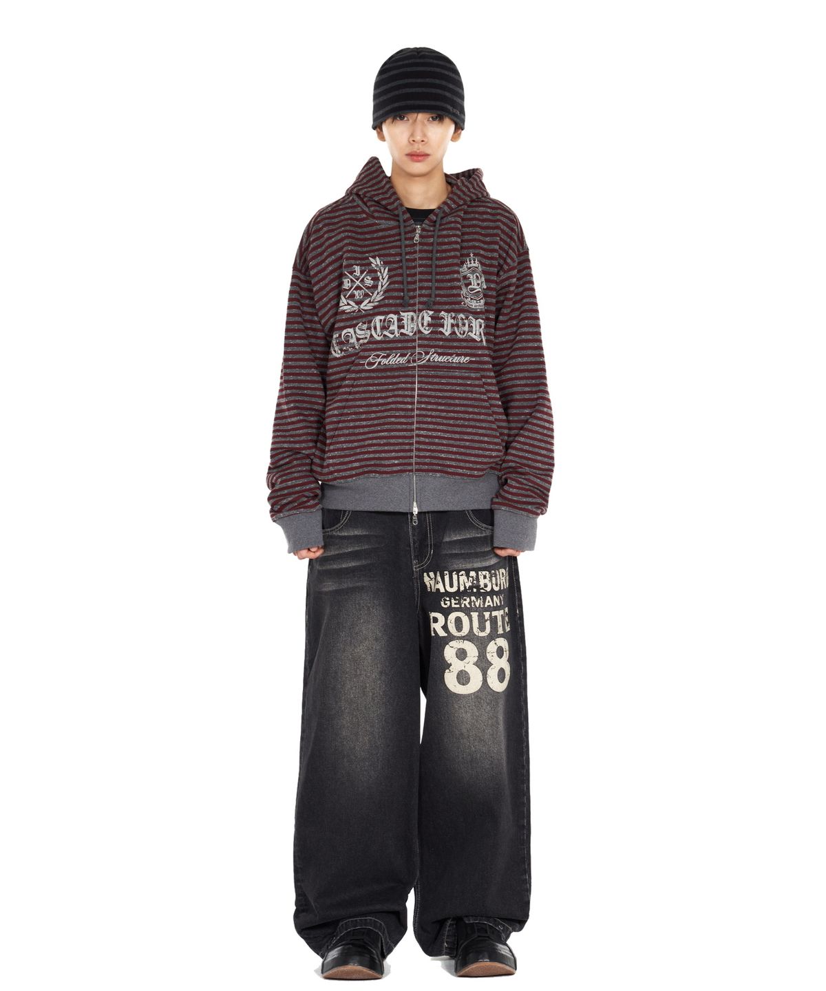아이돈워너셀(IDWS) Proto Stripe Hoodie Zip Up Burgundy