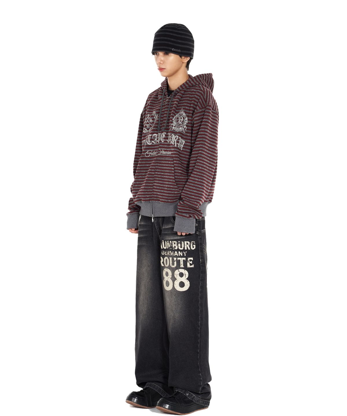 아이돈워너셀(IDWS) Proto Stripe Hoodie Zip Up Burgundy