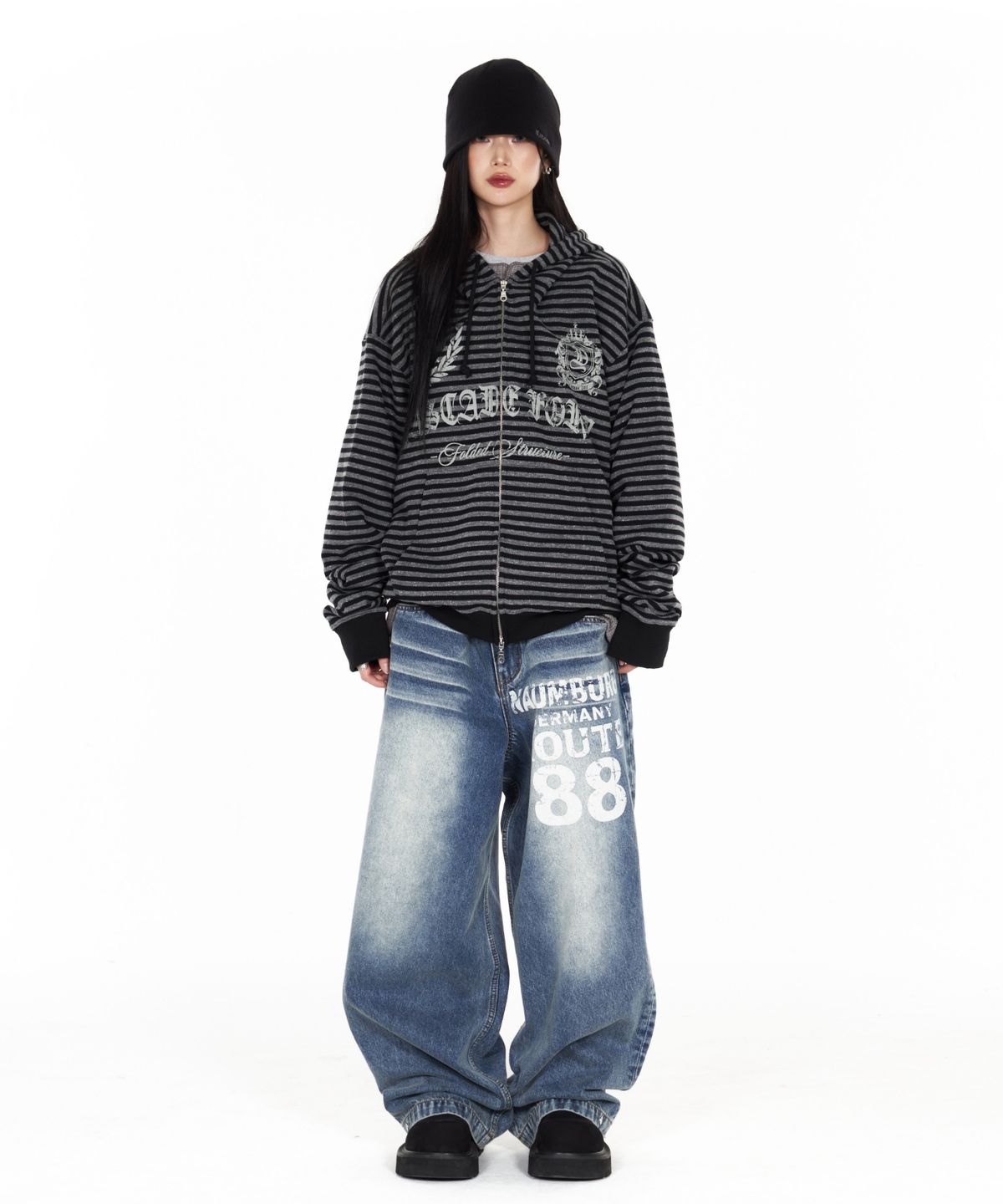 아이돈워너셀(IDWS) Proto Stripe Hoodie Zip Up Black