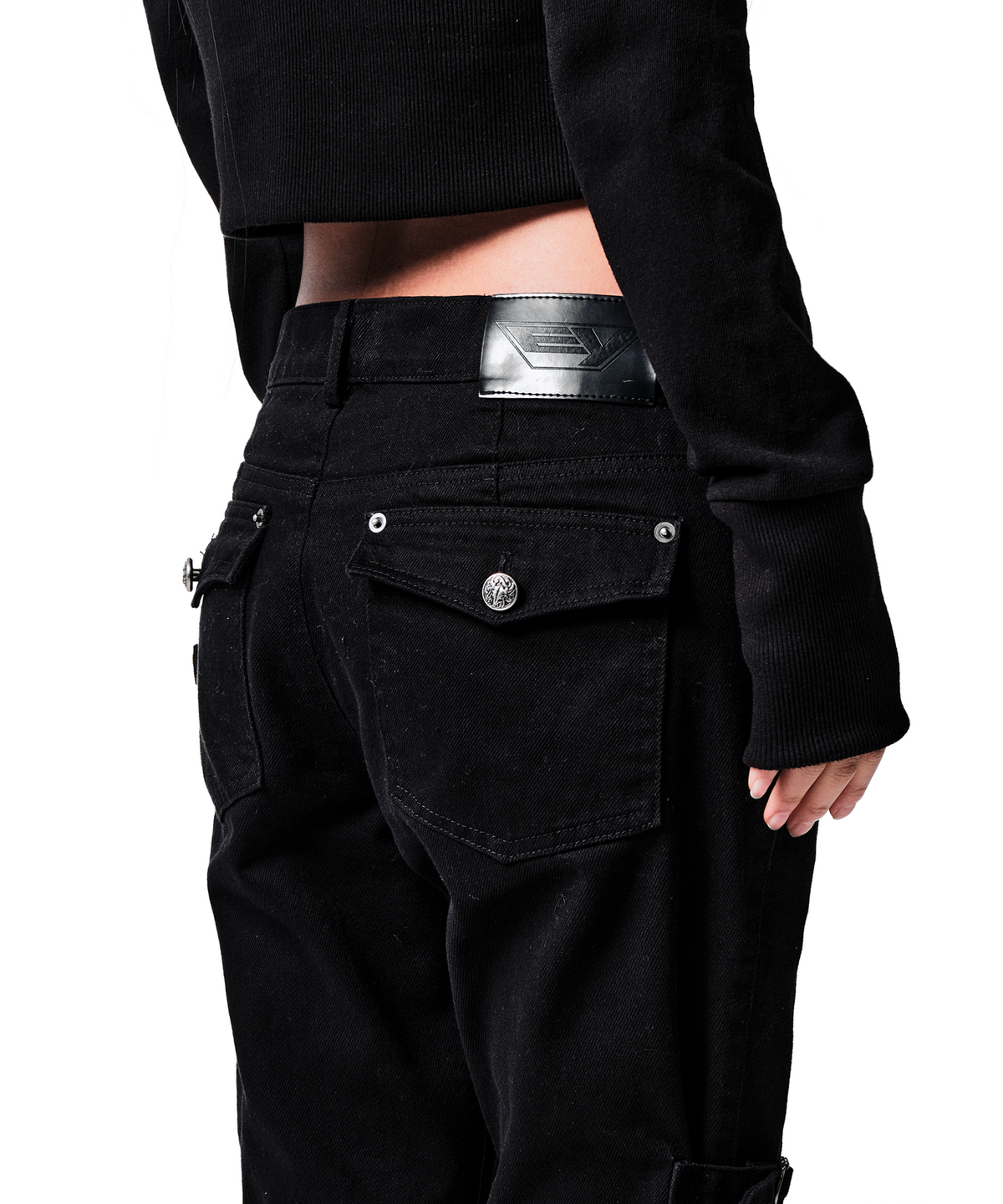 이양(EYANG) DOUBLE SIDE TAB BOOTS-CUT PANTS BLACK