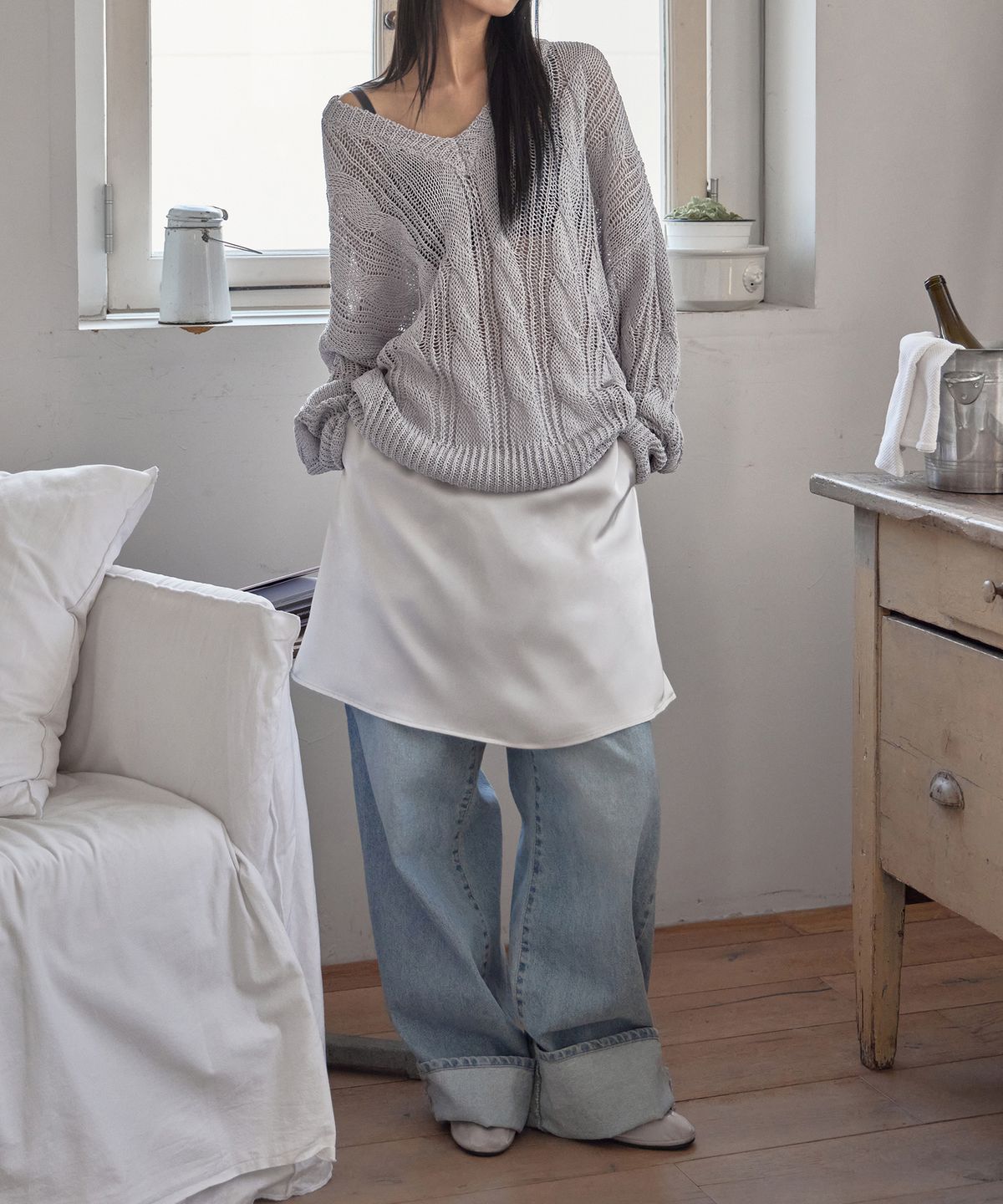 런던다다(LONDONDADA) Silky Satin Midi Skirt, WHITE ONYX