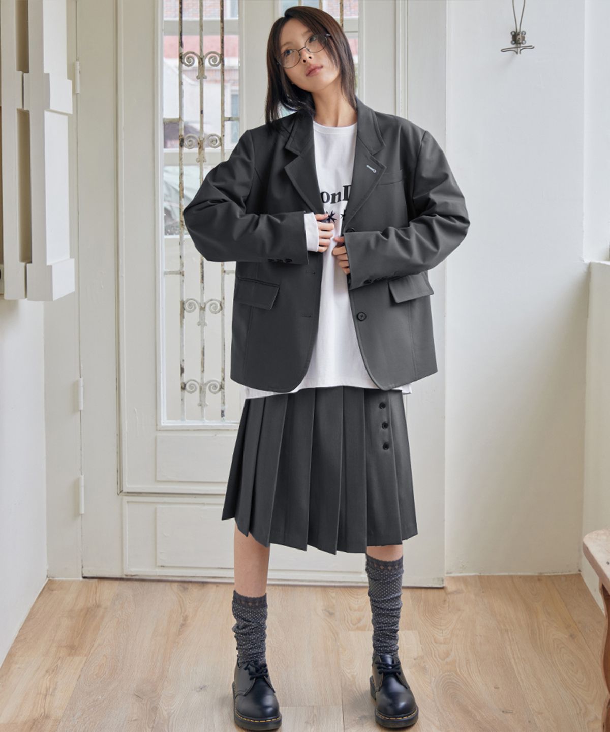 런던다다(LONDONDADA) Pleated Wrap Skirt, CHARCOAL