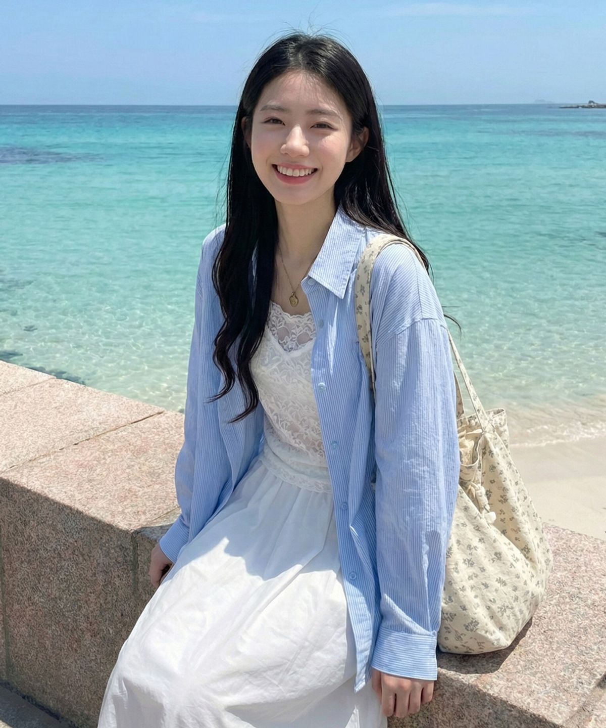 모즈모즈(MOZMOZ) 베이직 시티 스트라이프 오버핏 셔츠 블루