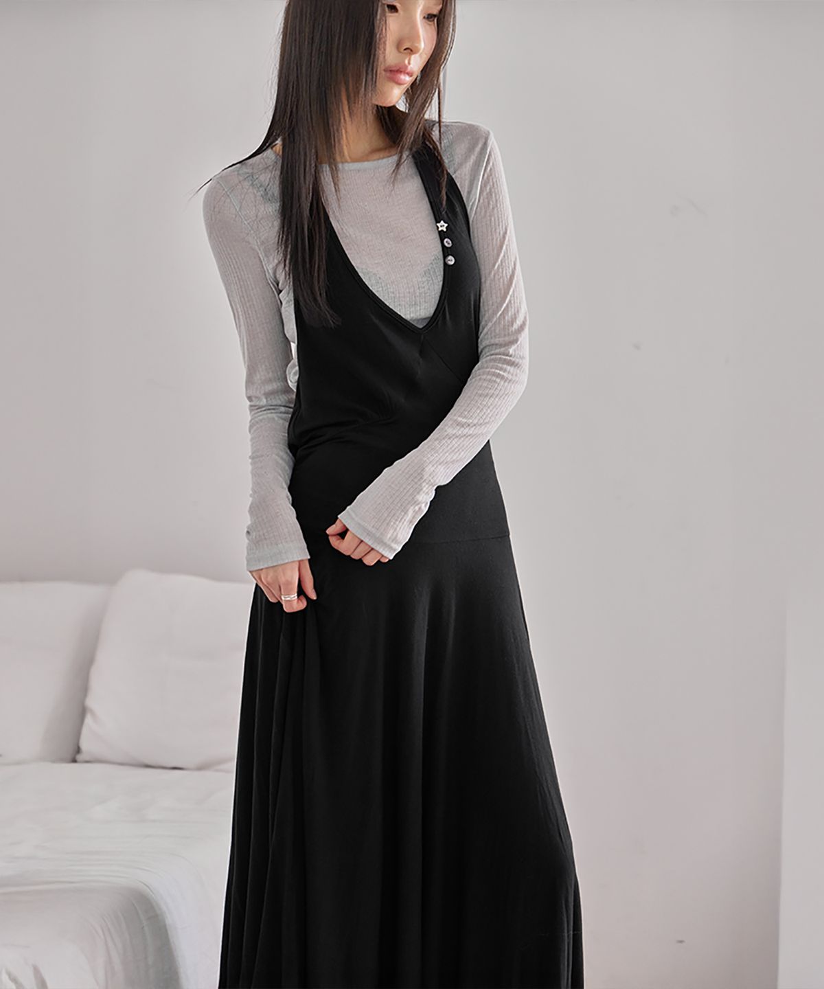 런던다다(LONDONDADA) Halter Unbalanced Draped Dress, BLACK