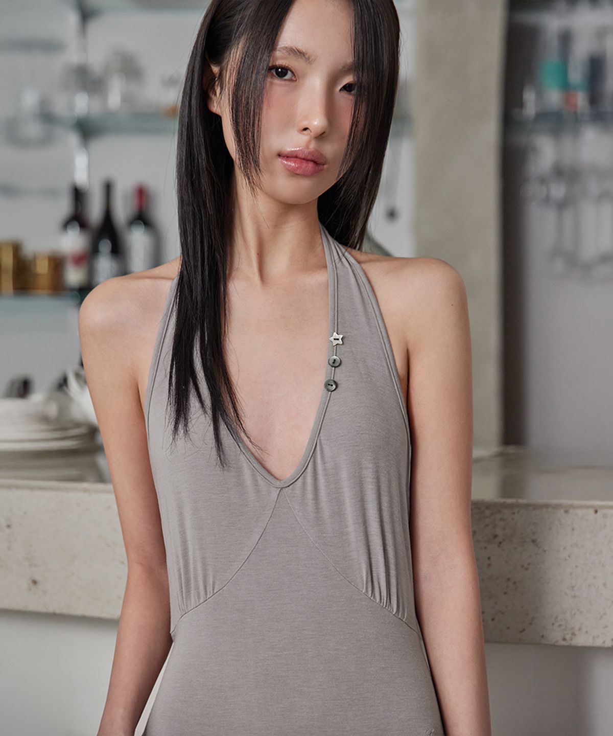 런던다다(LONDONDADA) Halter Unbalanced Draped Dress, G.BEIGE
