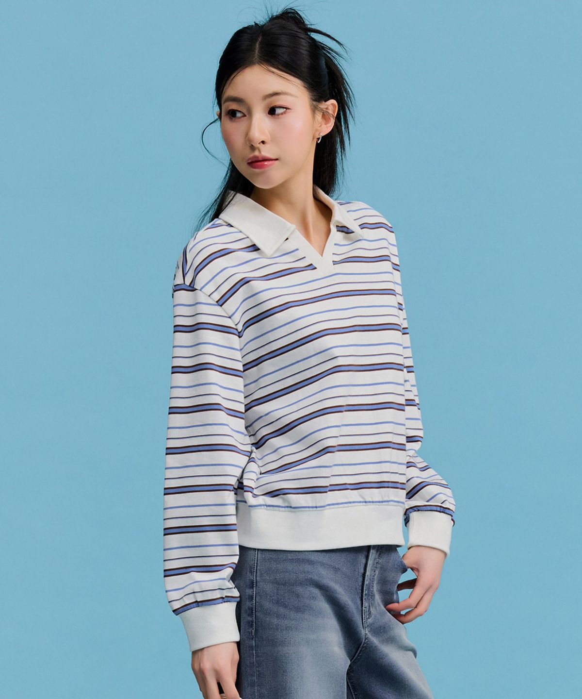 체이스컬트(CHASECULT) 여성 스트라이프 오픈 카라 티셔츠-FARG5166B0A