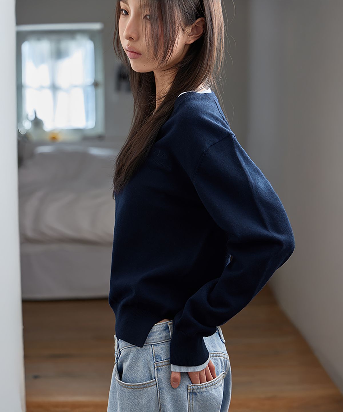 런던다다(LONDONDADA) V-Neck Layered Pullover, NAVY