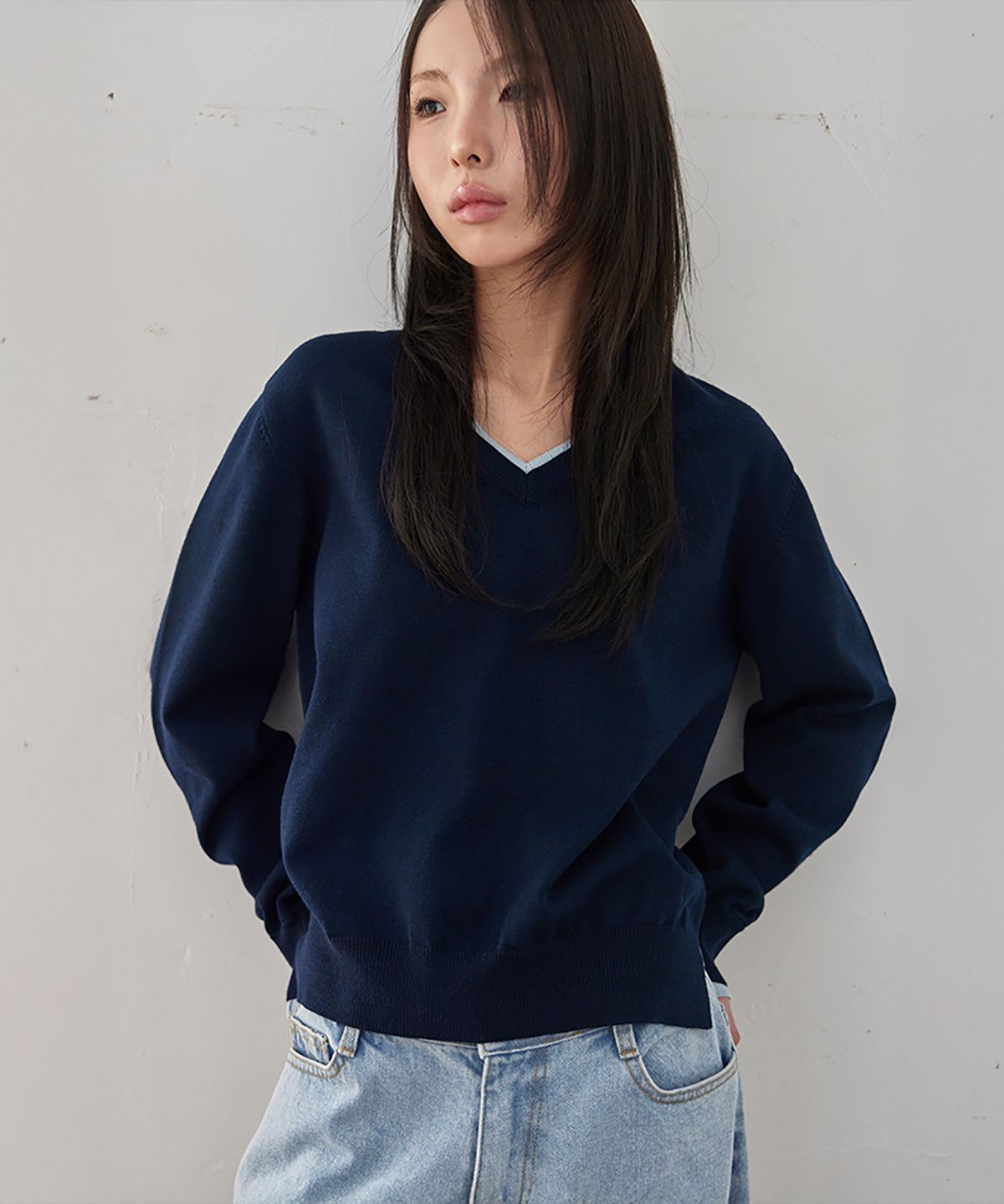 런던다다(LONDONDADA) V-Neck Layered Pullover, NAVY