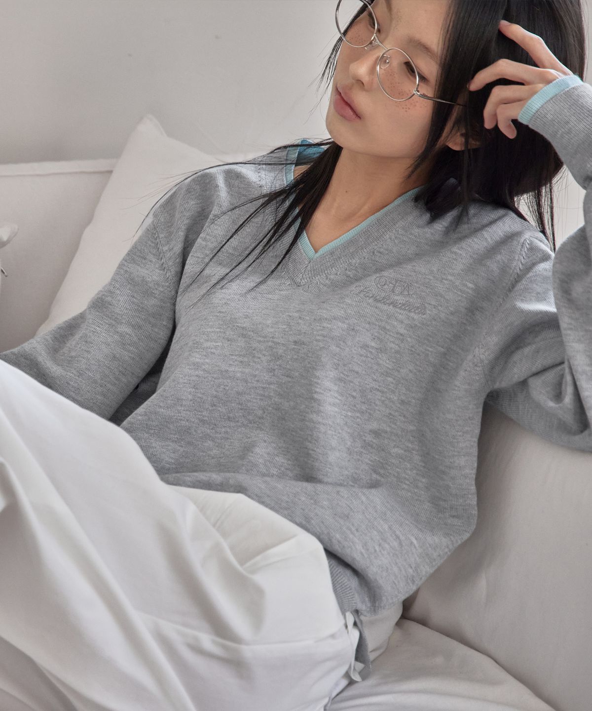 런던다다(LONDONDADA) V-Neck Layered Pullover, GREY