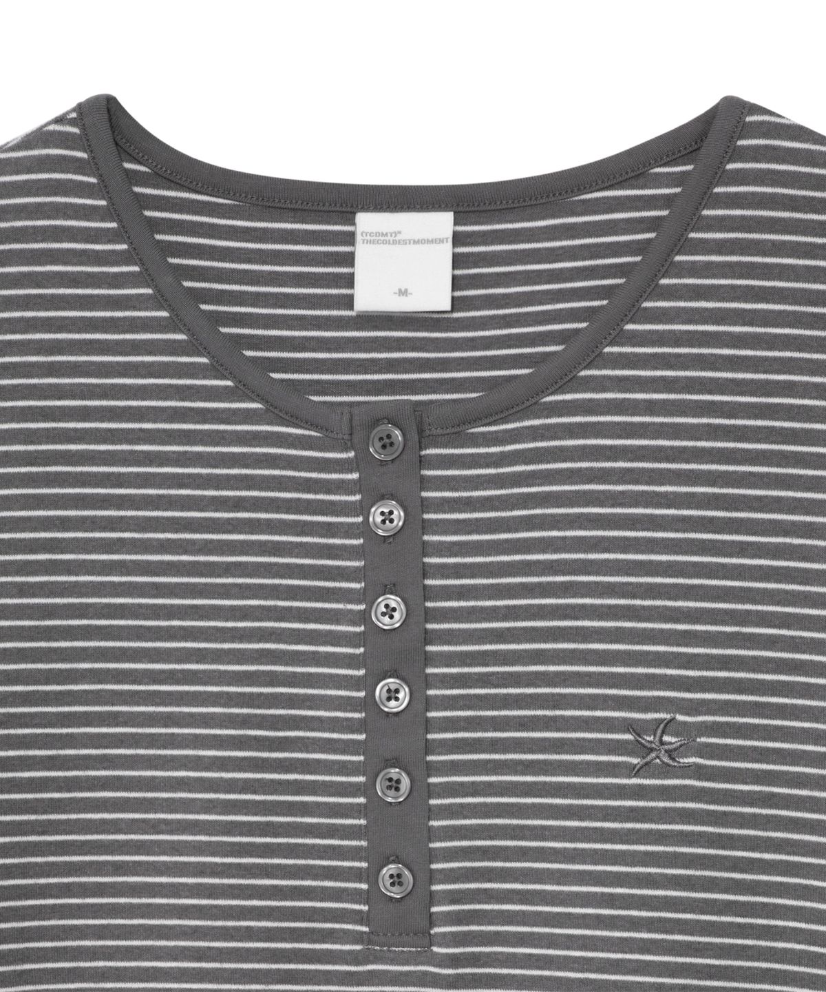 더콜디스트모먼트(THE COLDEST MOMENT) (w) TCM stripe round henley neck T (grey)