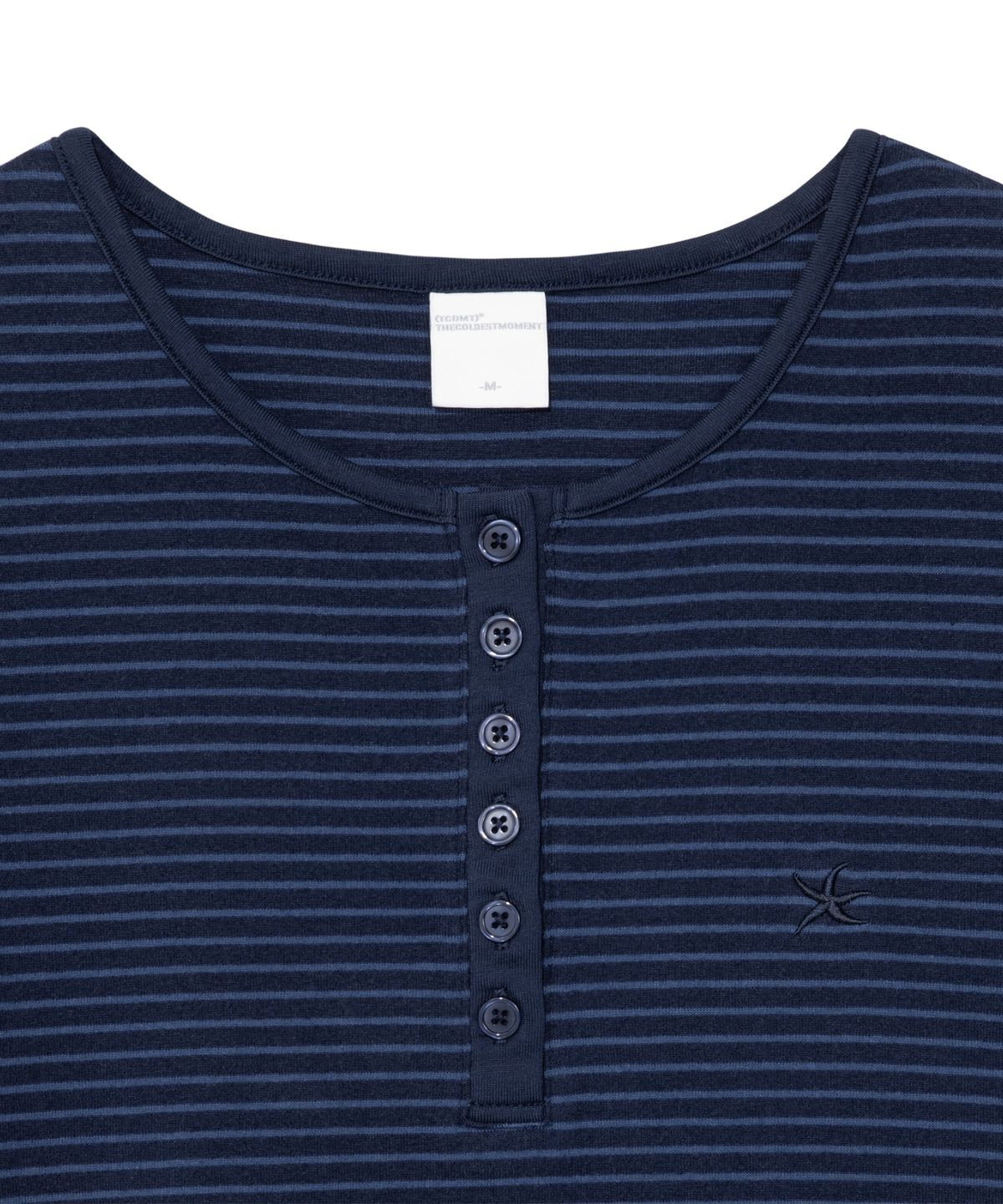 더콜디스트모먼트(THE COLDEST MOMENT) (w) TCM stripe round henley neck T (navy)