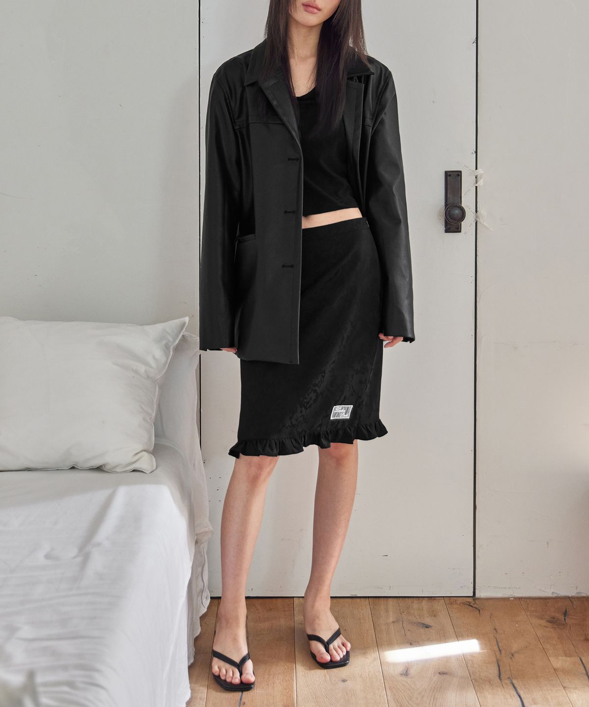 런던다다(LONDONDADA) Flower Frill midi Skirt, BLACK