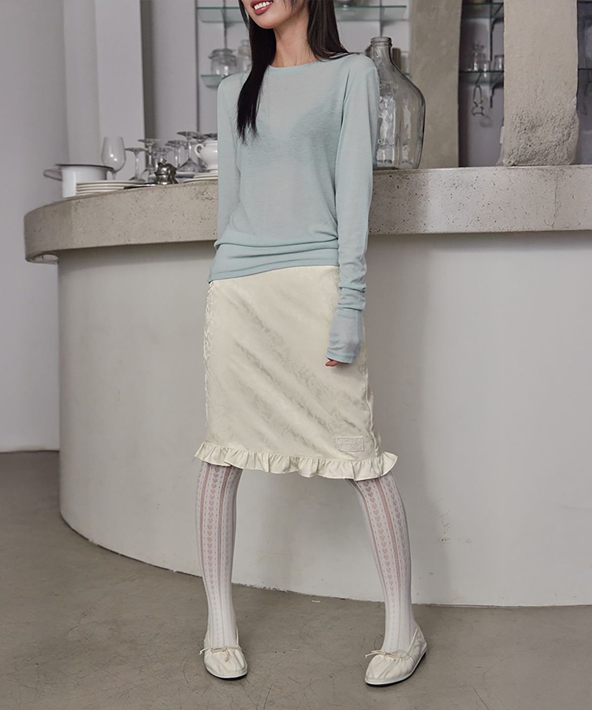 런던다다(LONDONDADA) Flower Frill midi Skirt, CREAM
