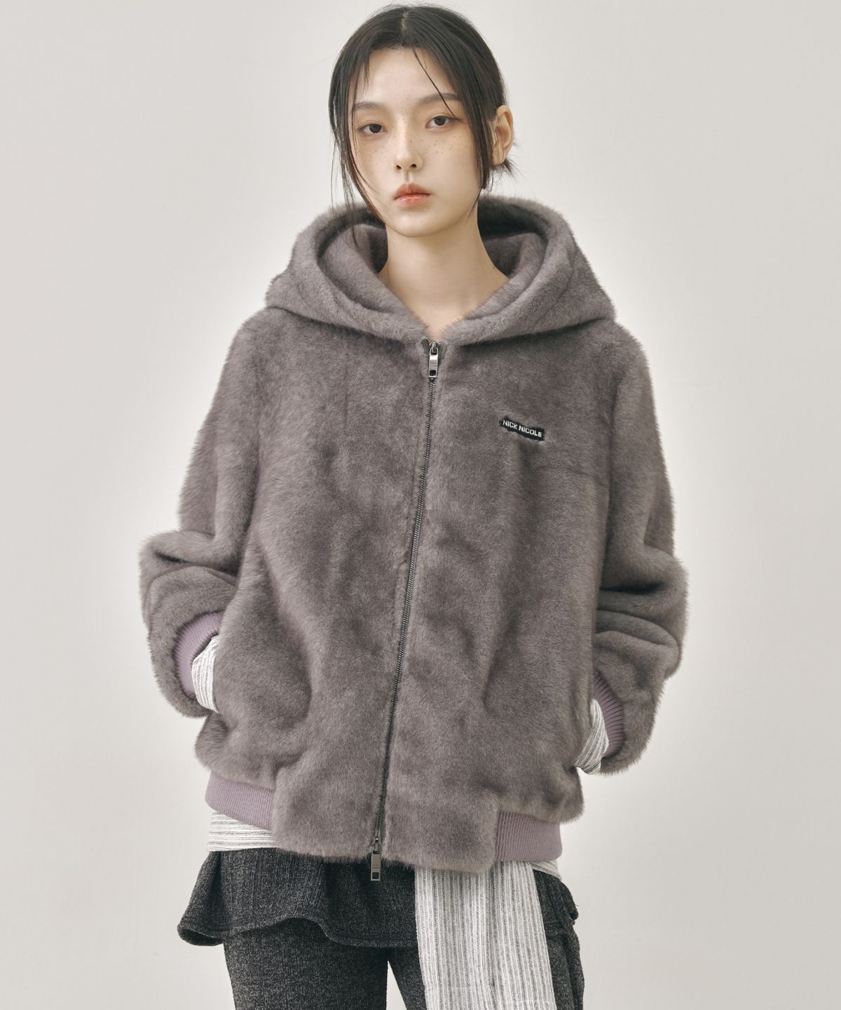 닉앤니콜(NICK&NICOLE) LUXE FUR HOOD BOMBER JACKET_GRAY