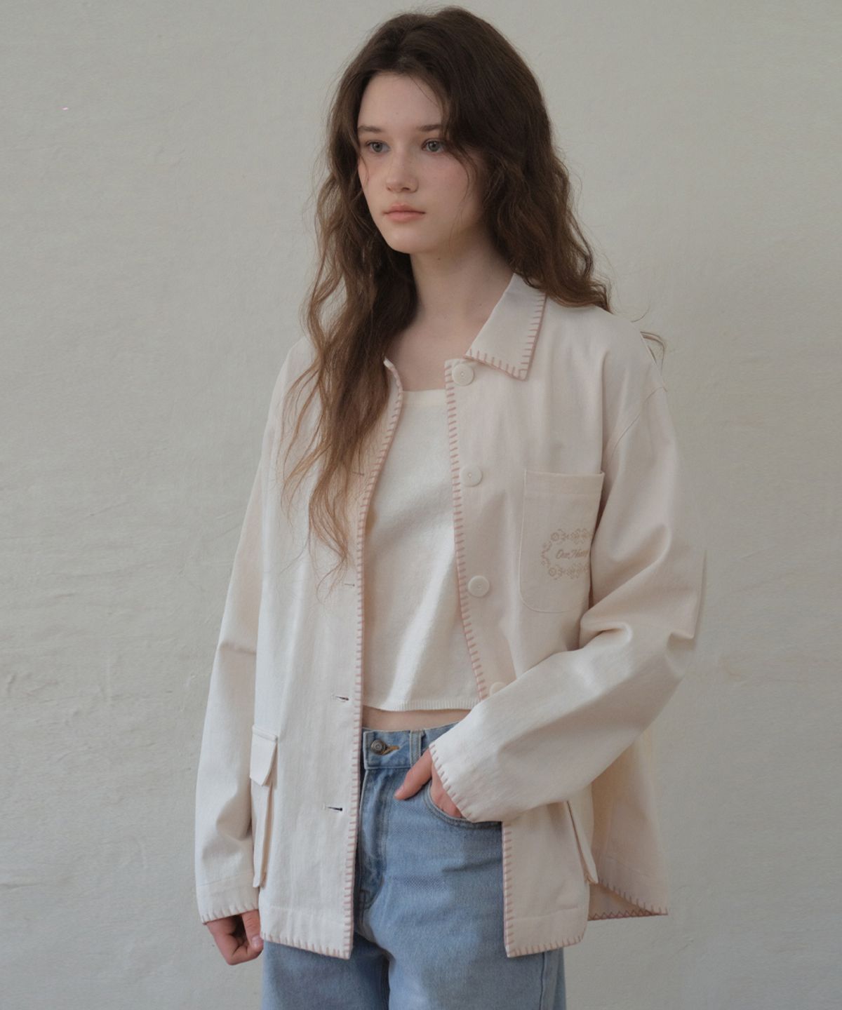 아우어노스텔지아(OURNOSTALGIA) Melo Embroidered Work Jacket_Cream(O26OT02)