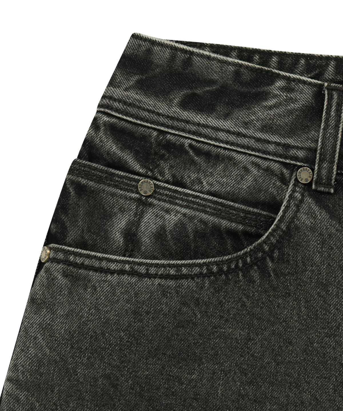 브라운브레스(BROWNBREATH) WASHED POCKET PRINT DENIM SHORTS - KHAKI
