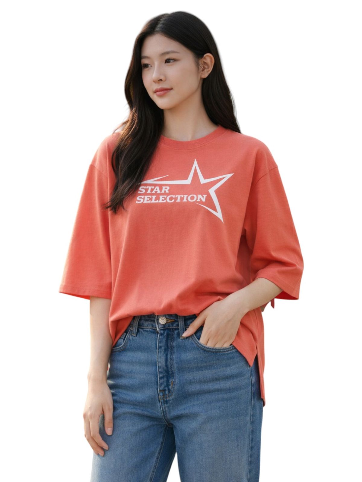 지블랙(ZBLACK) 스타셀렉션 빅 로고  7부 티셔츠(CORAL RED)