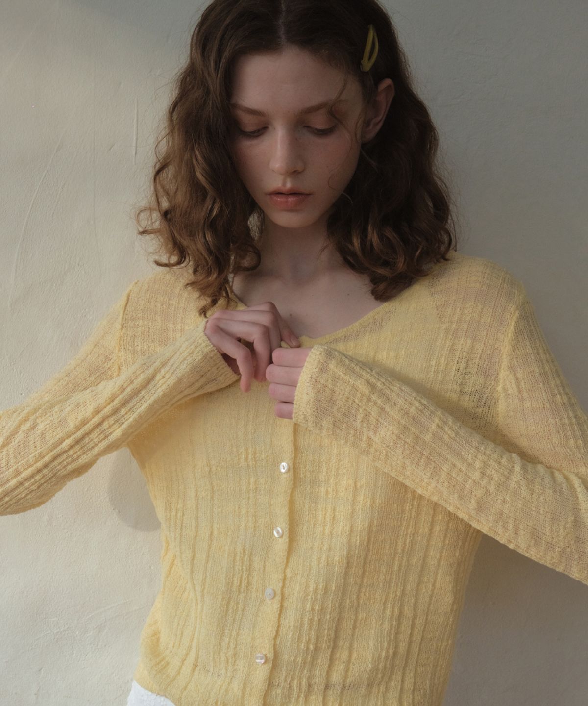 아우어노스텔지아(OURNOSTALGIA) Milky Slub Round Cardigan_Yellow(OC26KN16)