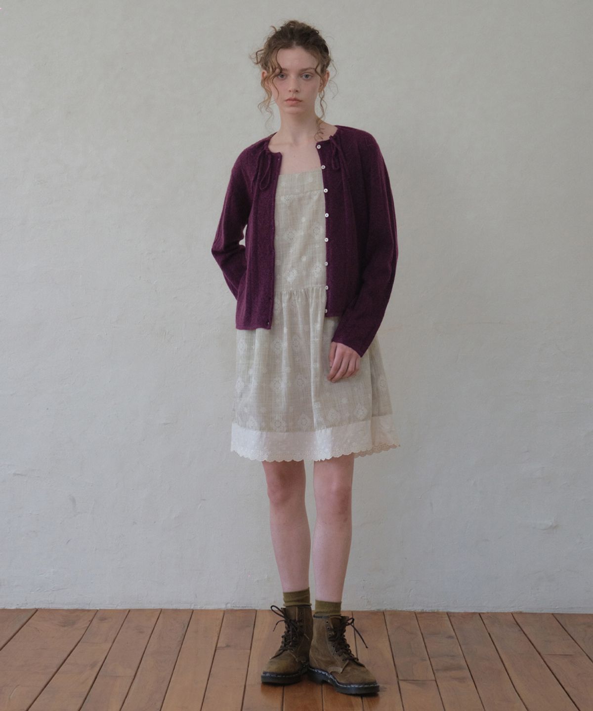 아우어노스텔지아(OURNOSTALGIA) Heart Skashi Tie Cardigan_Deep purple(OC26KN02)