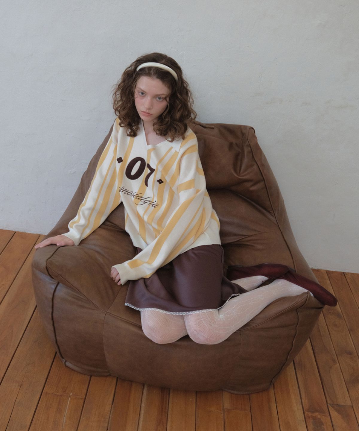 아우어노스텔지아(OURNOSTALGIA) Vintage Stripe Patch Collar Knit_Ivory(OC26KN12)