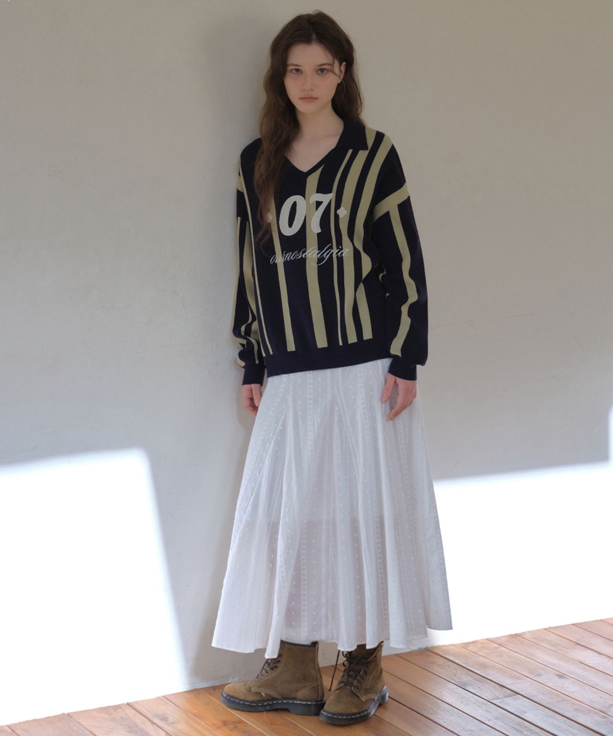 아우어노스텔지아(OURNOSTALGIA) Vintage Stripe Patch Collar Knit_Navy(OC26KN12)