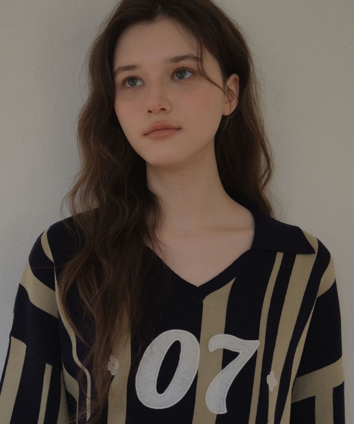 아우어노스텔지아(OURNOSTALGIA) Vintage Stripe Patch Collar Knit_Navy(OC26KN12)