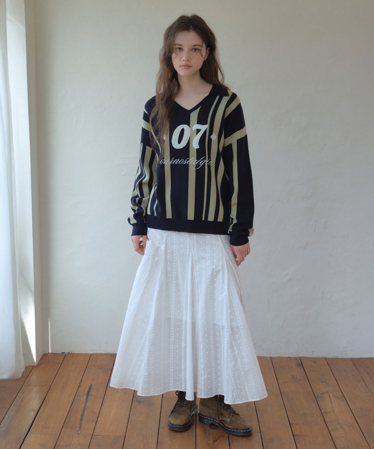 아우어노스텔지아(OURNOSTALGIA) Vintage Stripe Patch Collar Knit_Navy(OC26KN12)