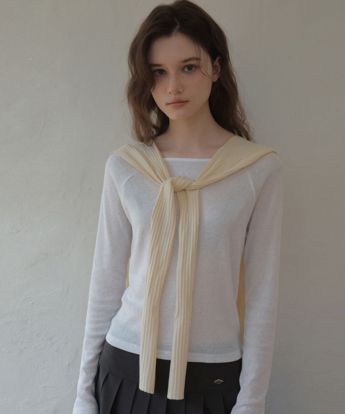 아우어노스텔지아(OURNOSTALGIA) Ribbon Fake Shawl_Butter cream(OC26KN04)
