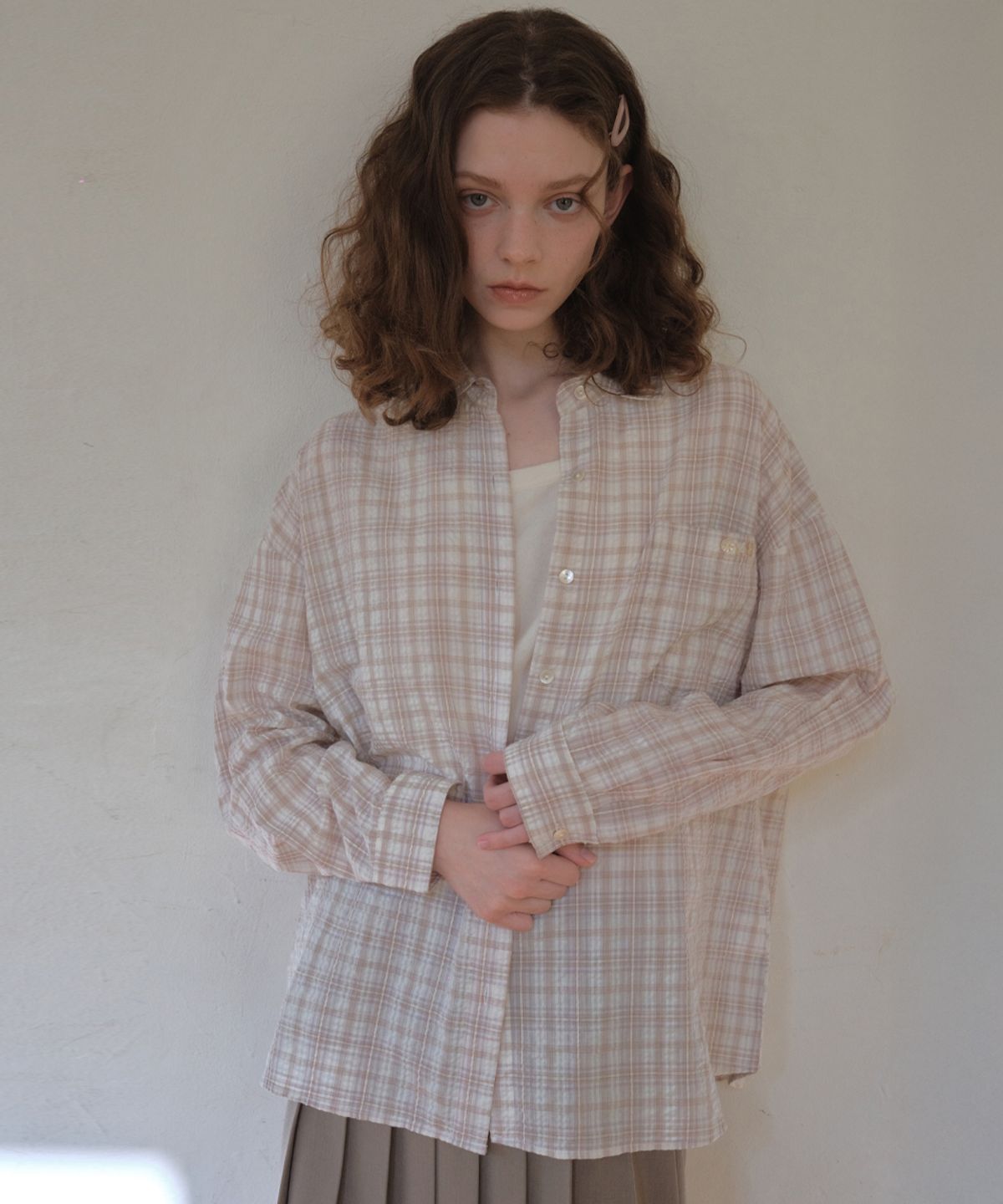 아우어노스텔지아(OURNOSTALGIA) Marais Seersucker Check Shirt_Pink(O26SH01)