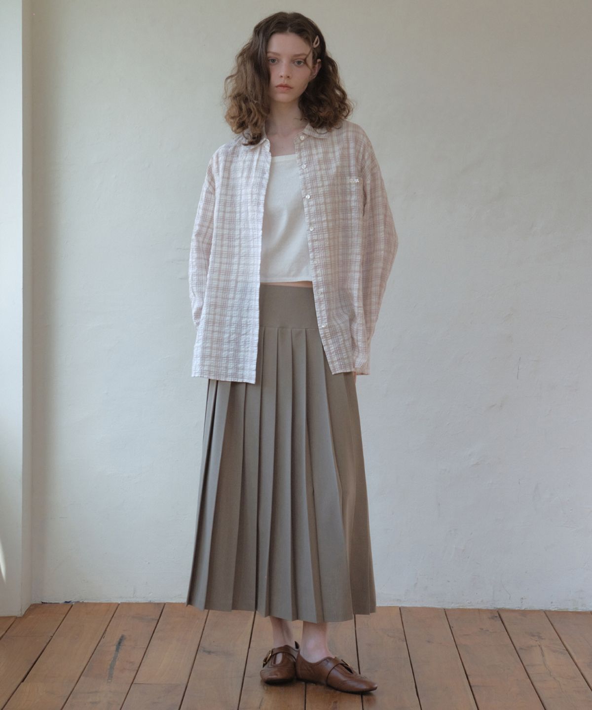 아우어노스텔지아(OURNOSTALGIA) Marais Seersucker Check Shirt_Pink(O26SH01)