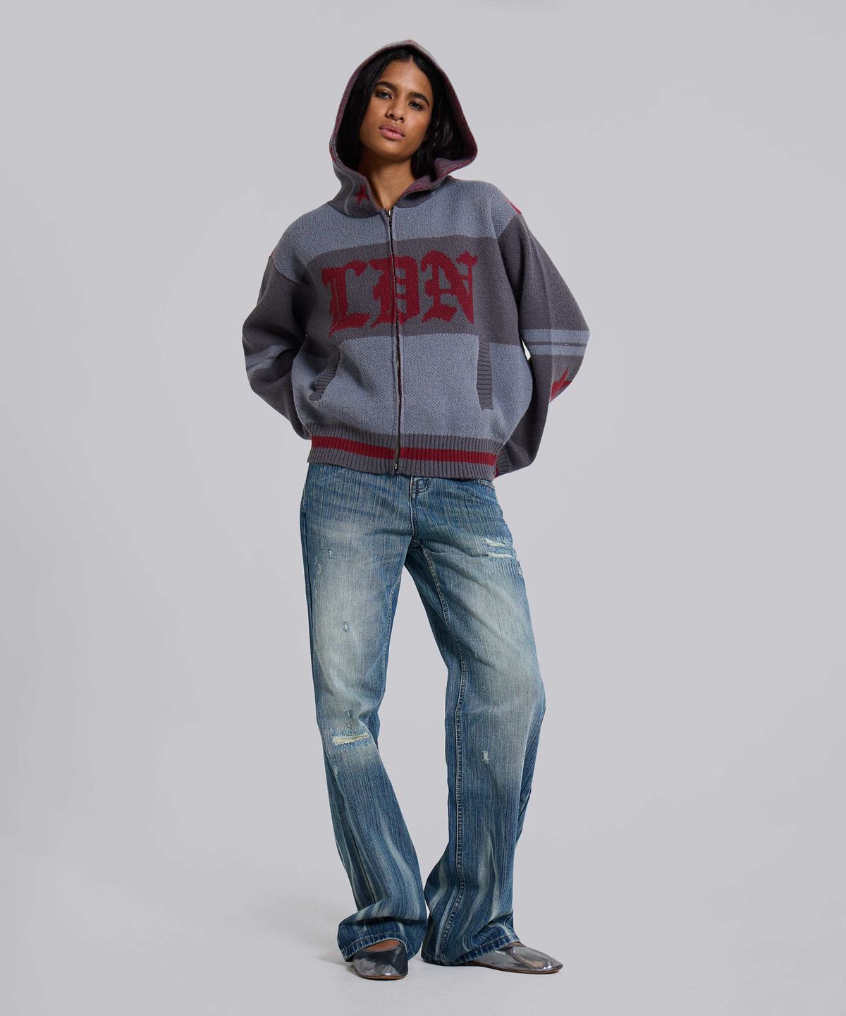 제이디드 런던(JADED LONDON) (U) LDN 후드 점퍼 그레이 레드 LDN HOODED JUMPER GREY RED