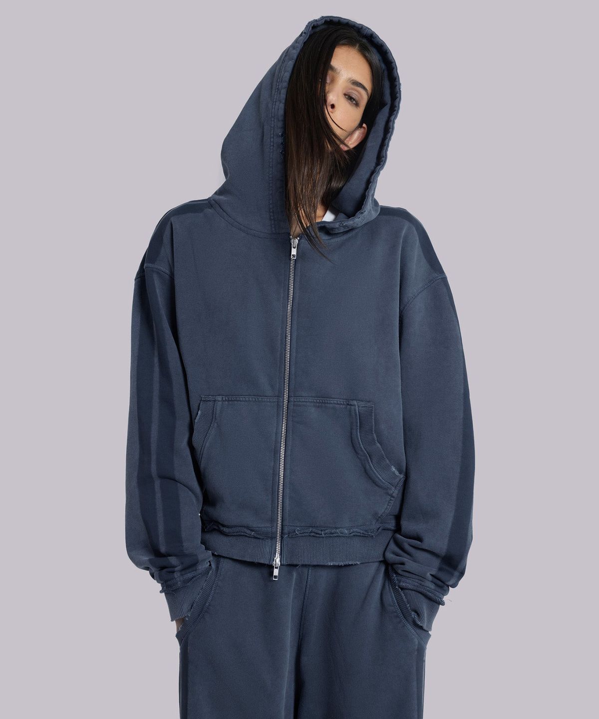 제이디드 런던(JADED LONDON) (U) 데님 워시 스포티 스트라이프 후디 블루 DENIM WASH SPORTY STRIPE HOODIE BLUE